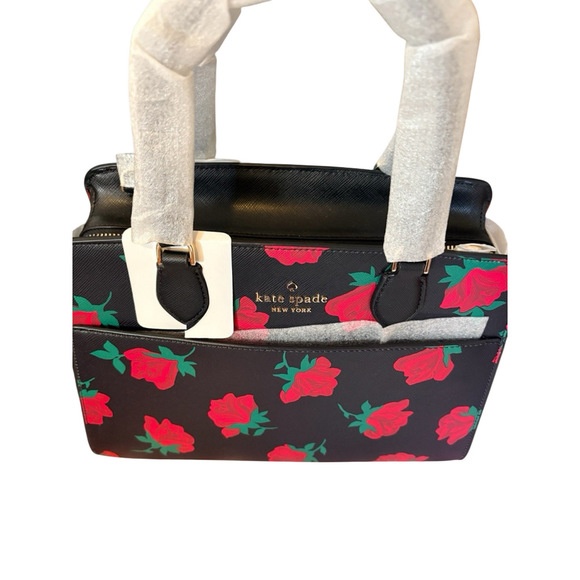 Kate Spade Madison Rose Toss Printed Medium Satchel Black Red Rose Floral KE536 - Picture 7 of 8